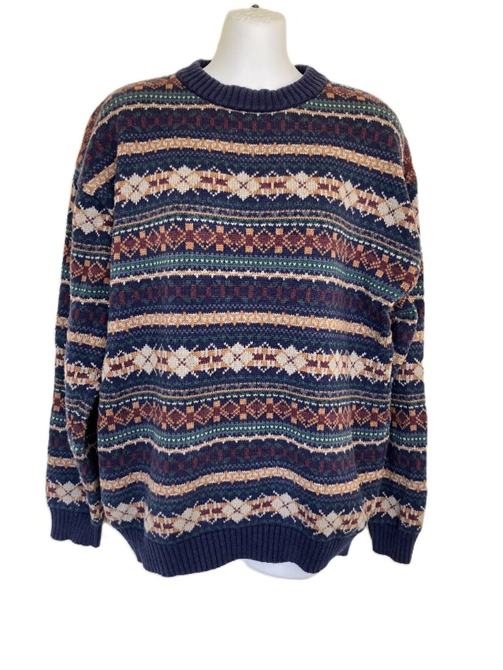 Denver Hayes Fair Isle Knit Pullover Sweater 100% Cotton Vintage 90s Lg